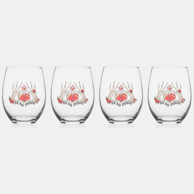 Dead Inside Skeleton Heart Hands Stemless Wine Glass (Front)