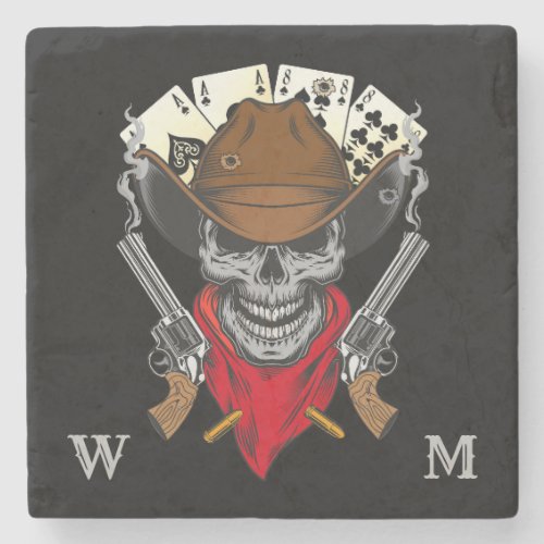 Dead Mans Hand Playing Cards Cowboy Skull Monogram Stone Coaster