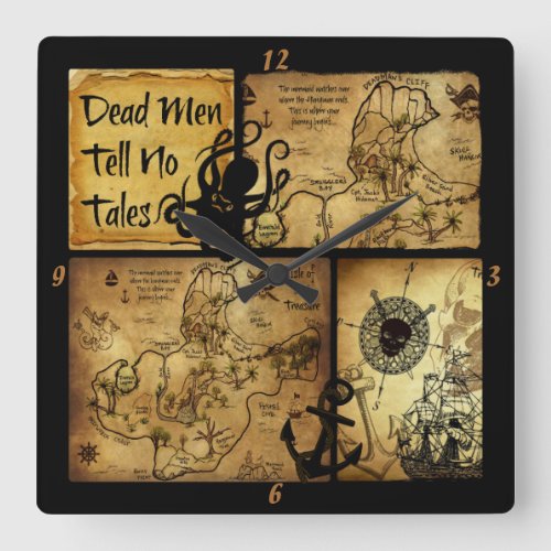 Dead Men Tell No Tales Treasure Map Square Wall Clock