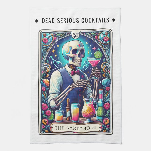 Dead Serious Cocktails Tarot Bartender Skeleton Kitchen Towel (Vertical)