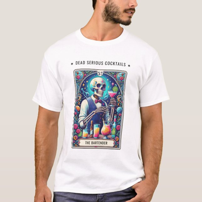 Dead Serious Cocktails Tarot Bartender Skeleton T-Shirt (Front)
