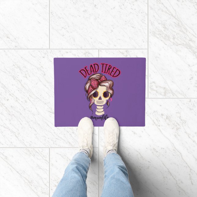 Dead Tired Mom Life Skeleton Messy Bun Bandana Doormat (Indoor)