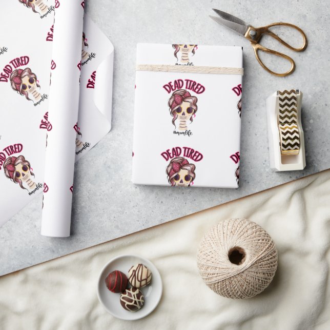 Dead Tired Mom Life Skeleton Messy Bun Bandana Wrapping Paper (Crafts)