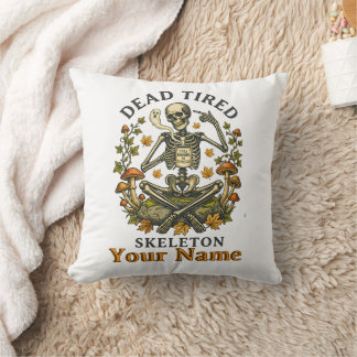 Dead Tired Skeleton With Coffee Halloween Throw Pillow
