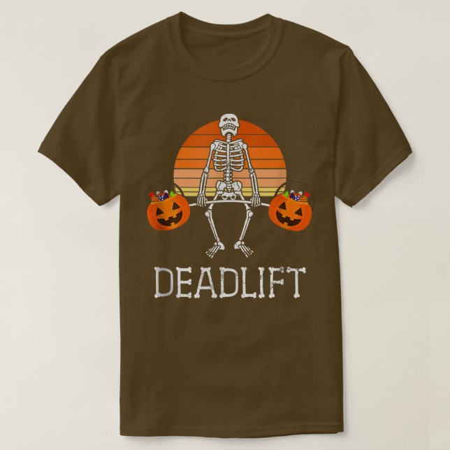DEADLIFT Funny Halloween Skeleton Candy Buckets Gy T-Shirt (Design Front)