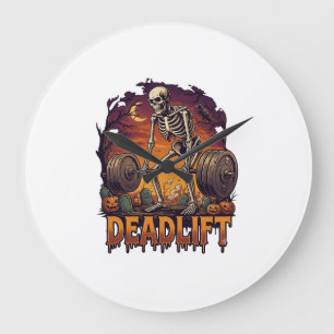 Deadlift Skeleton Barbell Halloween Pumpkins Grave Large Clock