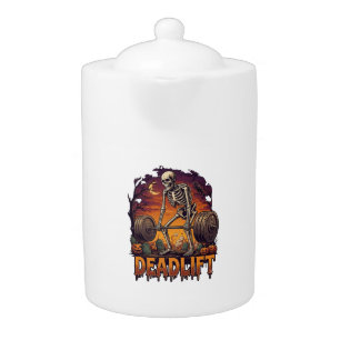 Deadlift Skeleton Barbell Halloween Pumpkins Grave Teapot