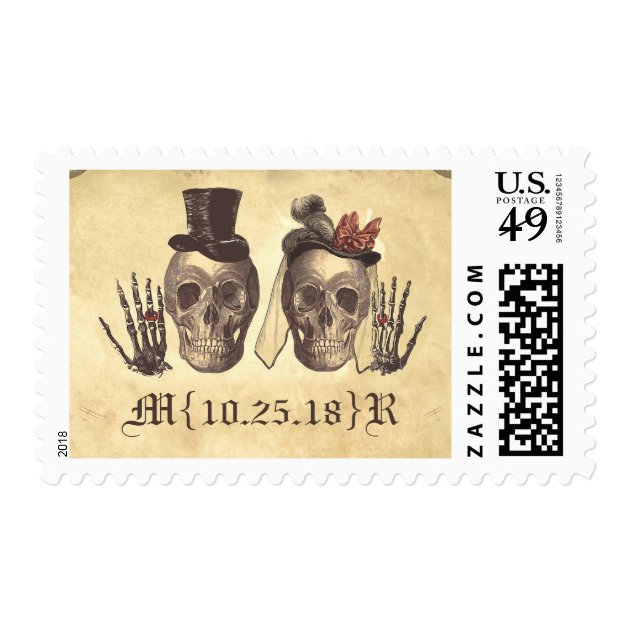 Deadly Lovely Skeleton Couple Wedding Stamps