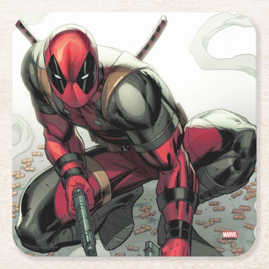 Deadpool Crouched With Smoking Guns Square Paper Coaster | Zazzle.com