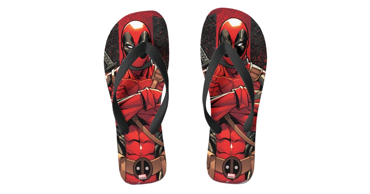 Deadpool in Paint Splatter Logo Flip Flops Zazzle