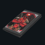 Deadpool in Paint Splatter Logo Tri-fold Wallet<br><div class="desc">Deadpool | Here we see Deadpool standing with arms crossed in front of a painted outline of his iconic red and black emblem. Please note: This artwork is intended for ages 13 .</div>