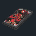 Deadpool in Paint Splatter Logo Tri-fold Wallet<br><div class="desc">Deadpool | Here we see Deadpool standing with arms crossed in front of a painted outline of his iconic red and black emblem. Please note: This artwork is intended for ages 13 .</div>