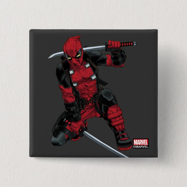 Deadpool Kneeling With Swords Button (Front)
