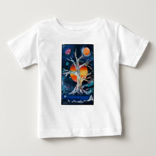 Deadwood Tree w lake moutains and red sun Baby T-Shirt