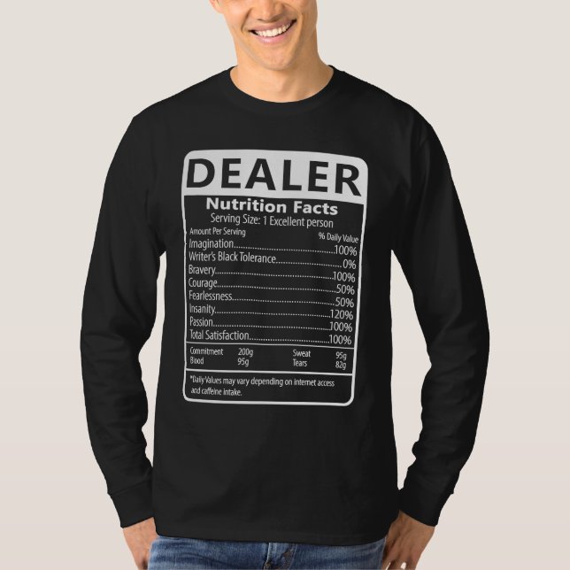 Dealer Nutrition Facts Sarcastic Graphic Humor T-Shirt (Front)