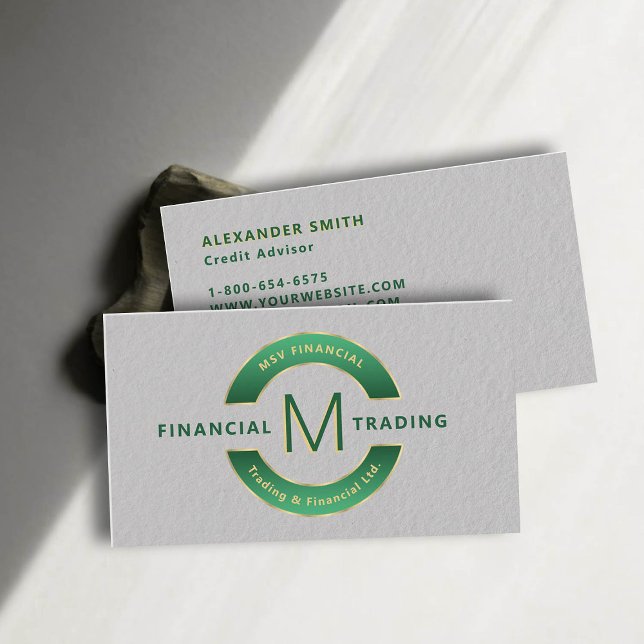 Dealer Trader Green Gold Monogram Professional Business Card (dealer trader financial finance business card faux embossed green gold professional sleek minimalist)