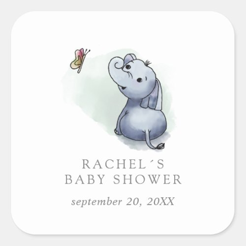 Deaming elephant with butterfly baby shower favor square sticker