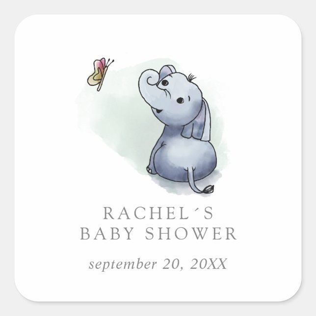 Deaming elephant with butterfly baby shower favor square sticker (Front)