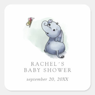 Deaming elephant with butterfly baby shower favor square sticker