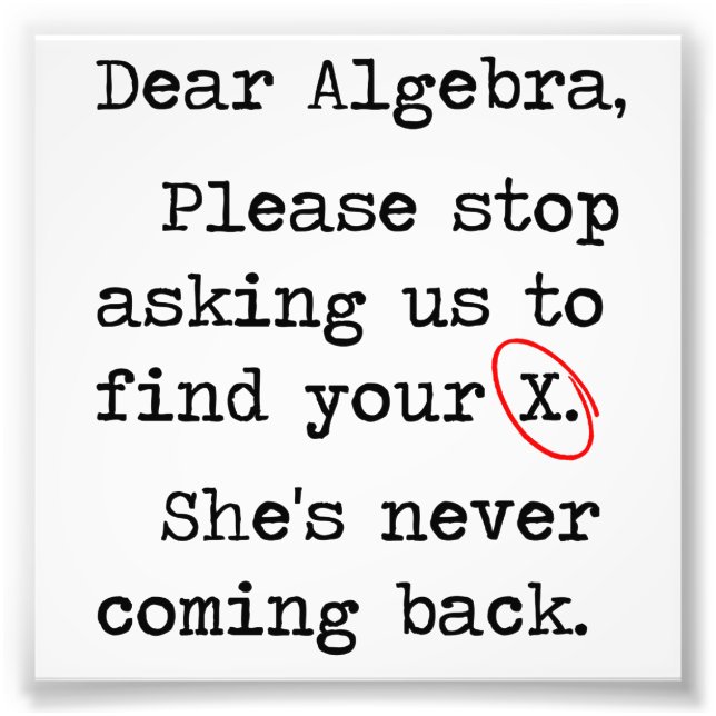 Dear Algebra Please Stop Asking Us To Find Your X Photo Print (Front)