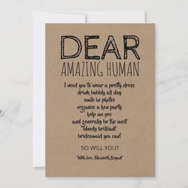 Dear Amazing Human Funny Bridesmaid Proposal Invitation (Front)