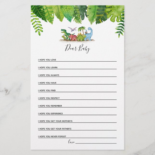 Dear Baby Dinosaur Baby Shower Game (Front)