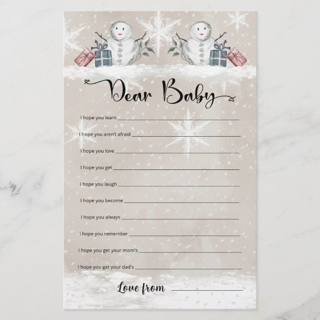 Dear Baby Snowman baby shower game (Front)