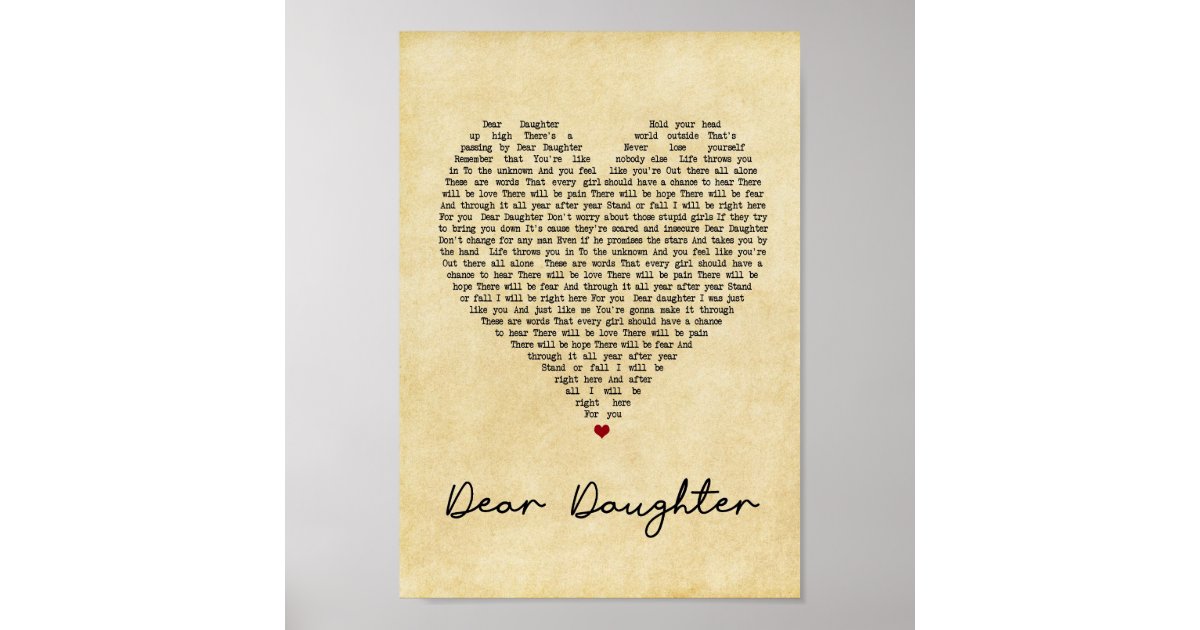 Dear Daughter Vintage Heart Song Lyric Print | Zazzle