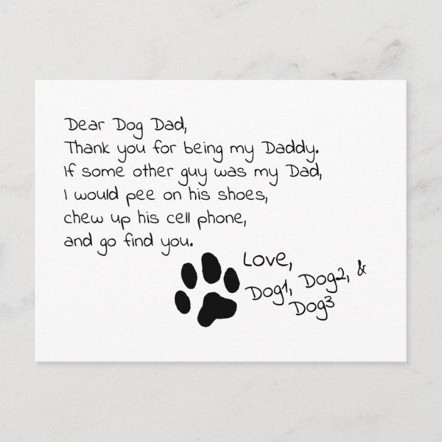Dear Dog Dad Mom Customizable Pet Name Post Card (Front)