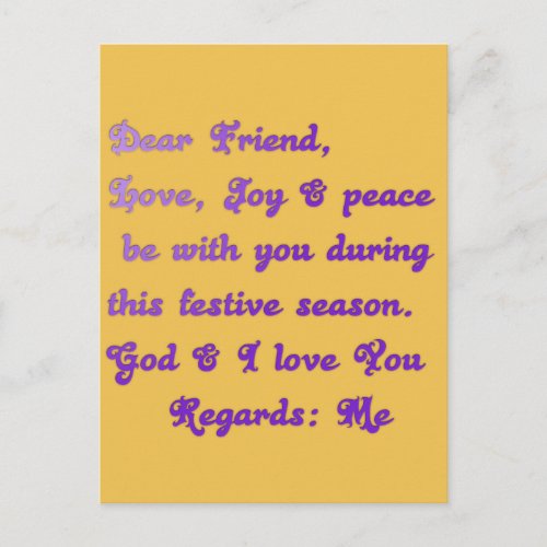 Dear Friend Love Joy and Peace Customize Product Holiday Postcard