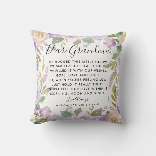 Dear Grandma Purple Floral Custom Message Photo Throw Pillow (Front)