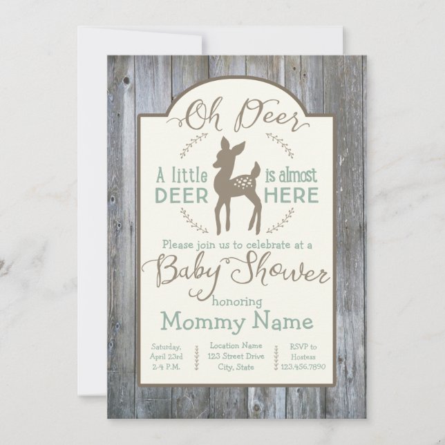 Dear little Deer baby shower invitation on wood (Front)