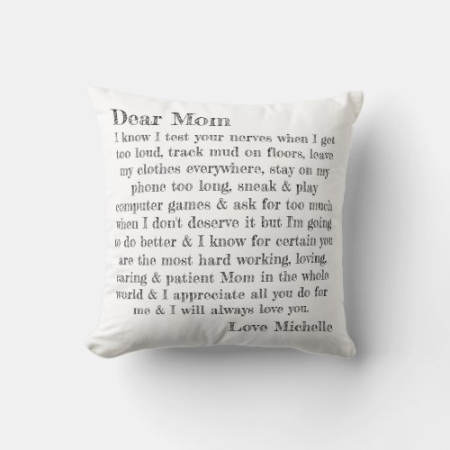 Dear Mom Letter Funny Personalized Throw Pillow