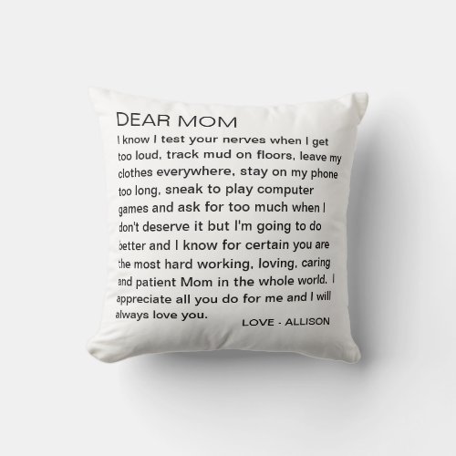 Dear Mom Letter Funny Teen Personalized Throw Pillow