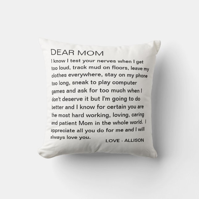 Dear Mom Letter Funny Teen Personalized Throw Pillow (Front)