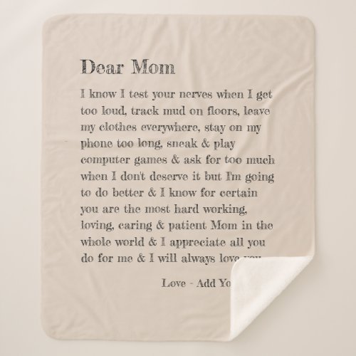 Dear Mom Letter Typography Beige Personalized Sherpa Blanket