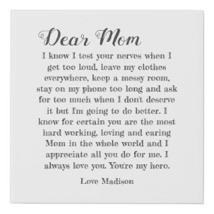 Dear Mom Letter Typography Personalized Faux Canvas Print