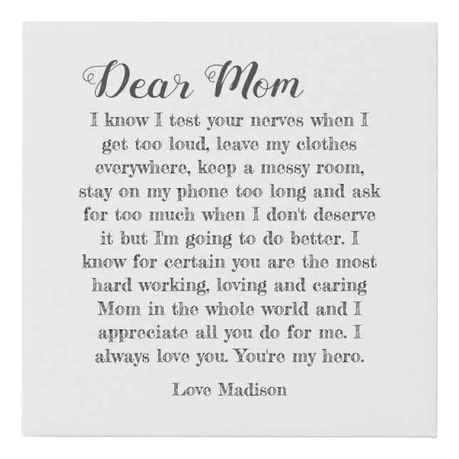 Dear Mom Letter Typography Personalized Faux Canvas Print (Front)