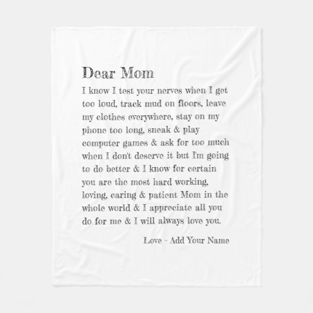 Dear Mom Letter Typography Personalized Fleece Blanket (Front)