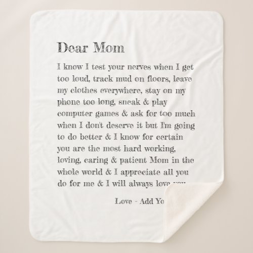 Dear Mom Letter Typography Personalized Sherpa Blanket