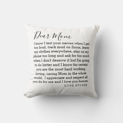 Dear Mom Love Letter From Son Personalized Throw Pillow