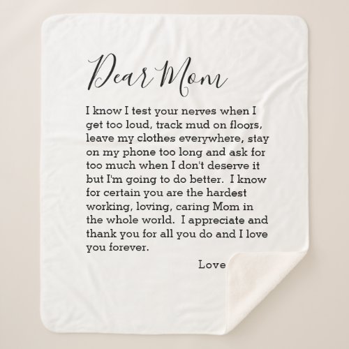 Dear Mom Love Letter From Teenager Personalized Sherpa Blanket