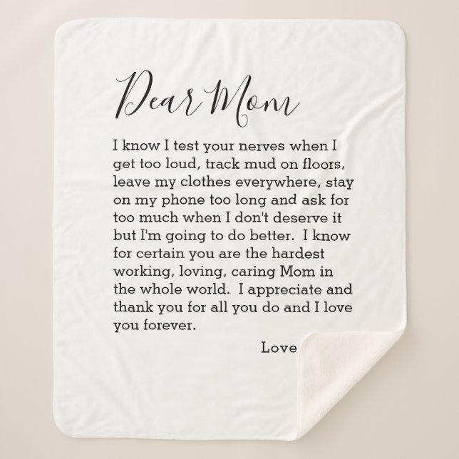 Dear Mom Love Letter From Teenager Personalized Sherpa Blanket (Front)