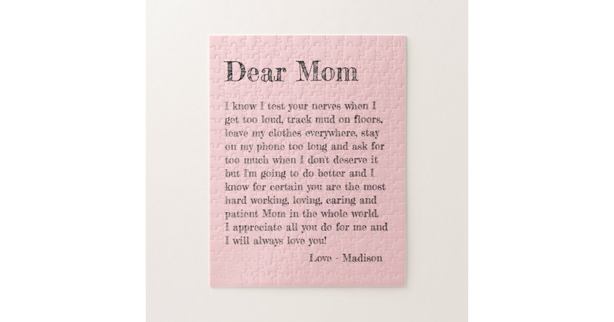 Dear Mom Mothers Day Letter Fun Pink Typography Jigsaw Puzzle | Zazzle