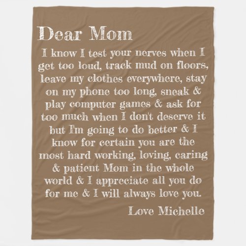 Dear Mom Typography Letter Beige Personalized Fleece Blanket