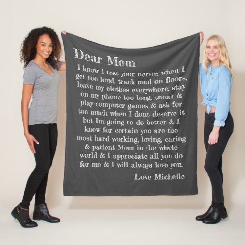 Dear Mom Typography Letter Dark Grey Personalized Fleece Blanket