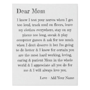 Dear Mom Typography Letter Personalized Faux Canvas Print