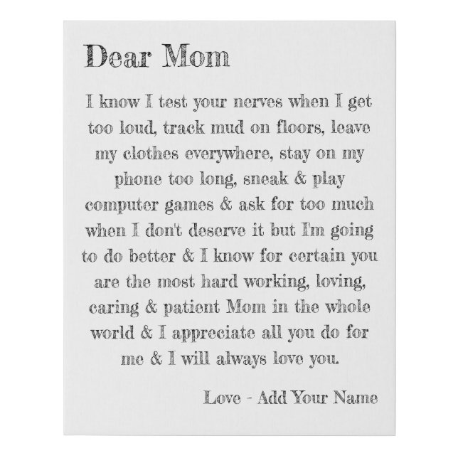 Dear Mom Typography Letter Personalized Faux Canvas Print (Front)