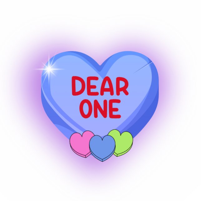 Dear One Purple Heart Valentine Candy  Sticker (Purple heart with a glow and the typograph reading "dear one" and three small hearts at the bottom.)