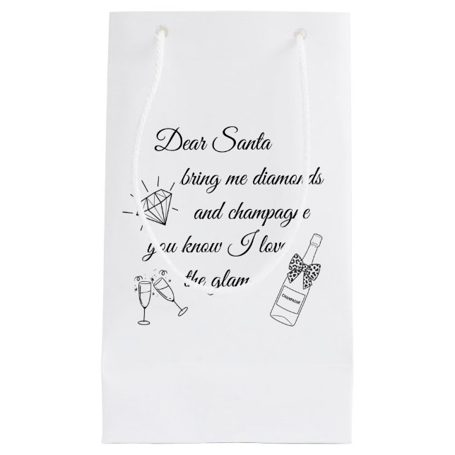 Dear Santa Champagne & Diamonds Line Art Design Small Gift Bag (Front)